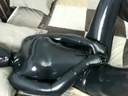 'Black Latex Catsuit Encasement With Rubber Mask And Breathplay Masturbation'