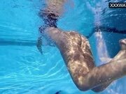 'Teenie horny babe Lana uses dildo in the swimming pool'