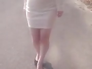 Korean girl walking with tits out