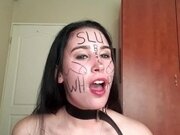 'Self degrading slut gags herself and self face slapping with dirty talk'