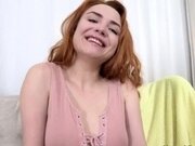 Redhead salivates as she fucks her bf's hard shaft