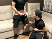 'Straight jerk off with twink gay friend in sportswear (blowjob and cum in mouth)'